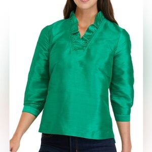 Crown & Ivy Women's 3/4 Sleeve Ruffle Neck Top, Emerald Green, Size Med, EUC